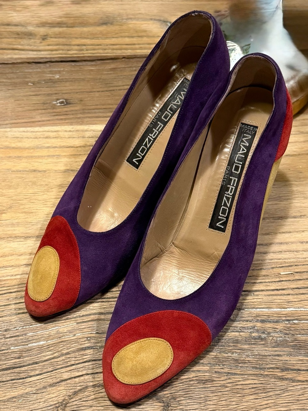 MAUD FRIZON Vintage Italian Made Purple Suede Pointed Heels with Red & Mustard